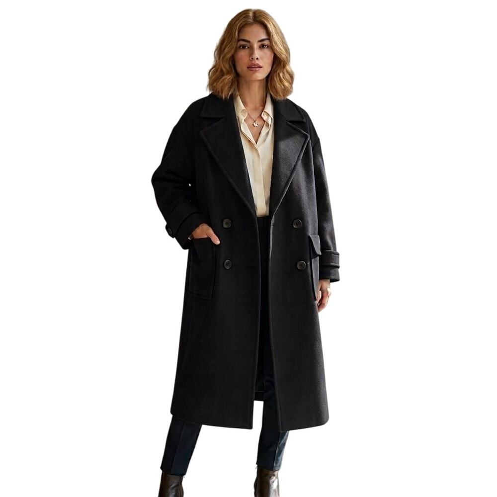 VTG 80s LORING Double Breasted Structured Shoulder Black Wool Trench Coat SZ 10